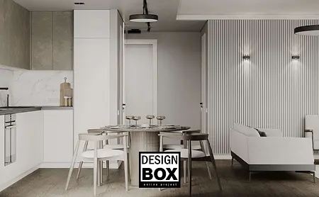 Wnętrze salonu z niebieskimi fotelami i białą sofą, nowoczesny design.