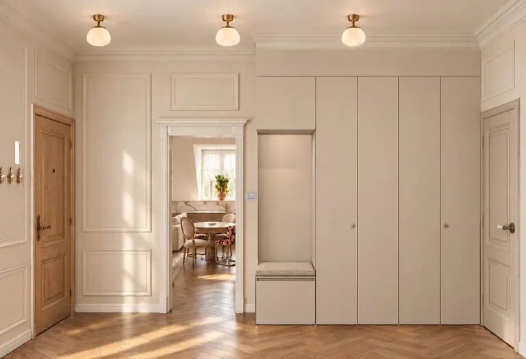 Przedpokój z beżową zabudową i ławką, drewniana podłoga, glamour, minimaluxe, nowoczesny, quiet luxury, tradycyjny, vintage