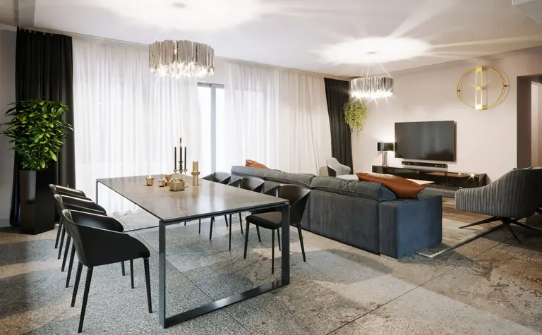 Wnętrze salonu w stylu glamour, nowoczesnym, quiet luxury, współczesnym z szarymi meblami.