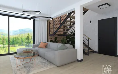 Wnętrze salonu z szarym narożnikiem i industrialnymi detalami.