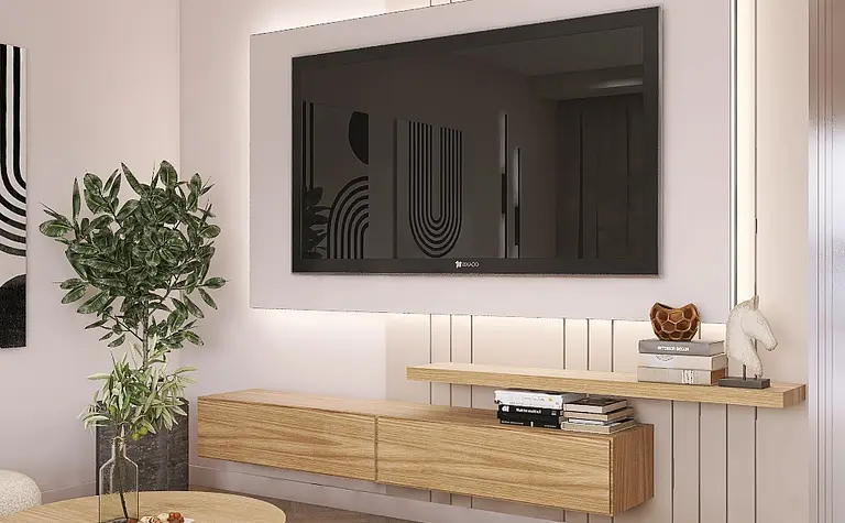 Nowoczesny salon z drewnianymi meblami i rośliną, minimalistyczny projekt