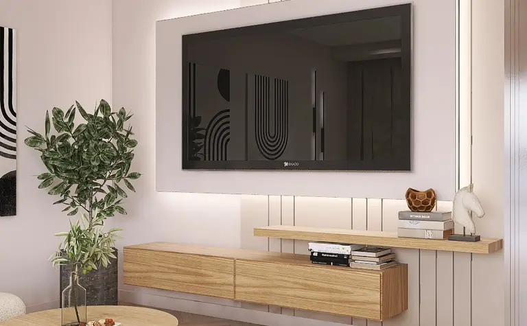 Nowoczesny salon z drewnianymi meblami i rośliną, minimalistyczny projekt