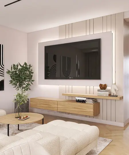 Nowoczesny salon z drewnianymi meblami i rośliną, minimalistyczny projekt