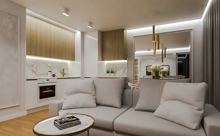 Nowoczesne wnętrze salonu z szarymi meblami, drewnianą podłogą i złotymi akcentami, quiet luxury.