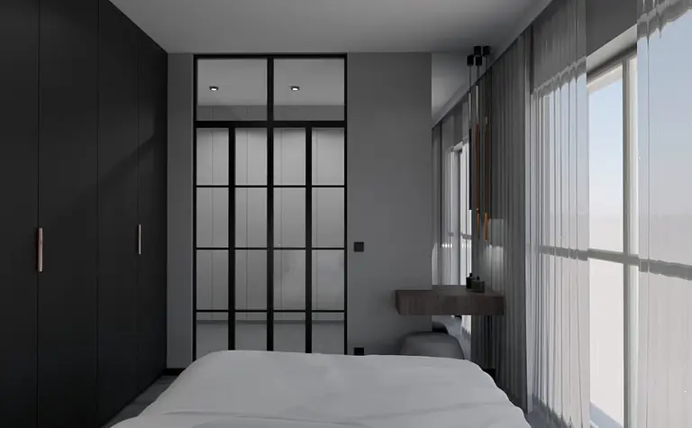 Sypialnia w stylu industrialnym z minimalistycznym wystrojem, szare ściany, czarne meble.