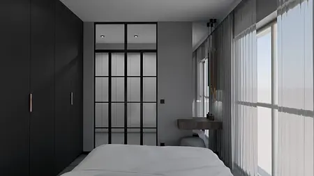 Sypialnia w stylu industrialnym z minimalistycznym wystrojem, szare ściany, czarne meble.