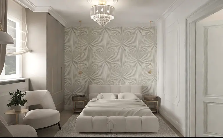 Sypialnia w stylu art deco z jasnymi ścianami i nowoczesnym łóżkiem.
