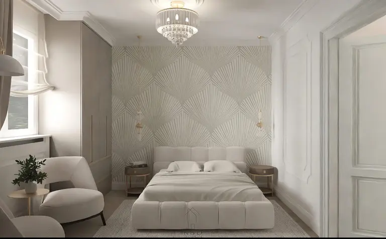 Sypialnia w stylu art deco z jasnymi ścianami i nowoczesnym łóżkiem.
