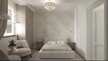 Sypialnia w stylu art deco z jasnymi ścianami i nowoczesnym łóżkiem.