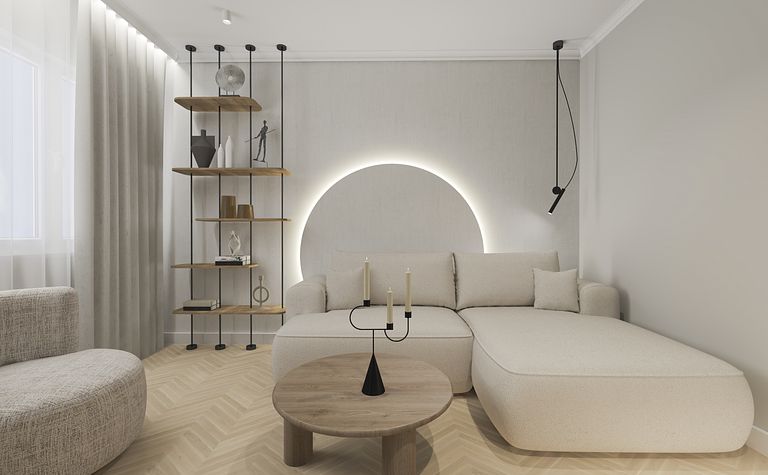 Salon w stylu soft minimalizm z jasną sofą i drewnianym blatem.