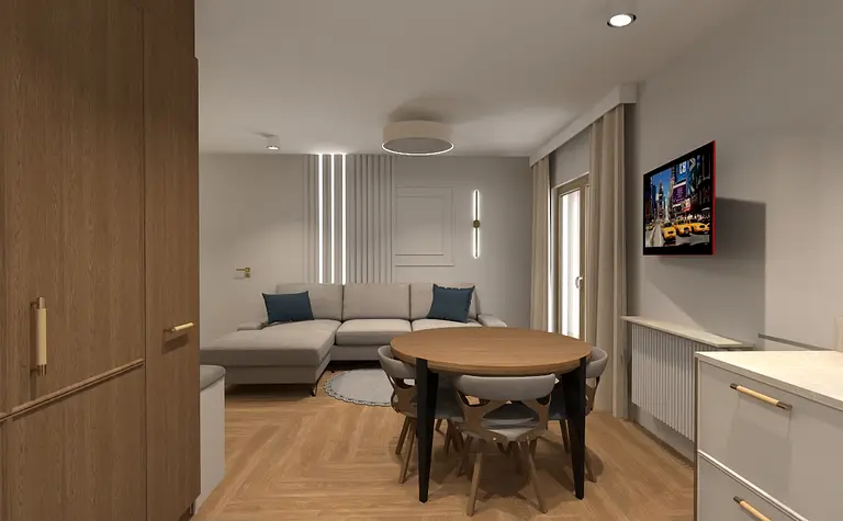 Współczesny salon z szarymi ścianami i drewnianym stołem