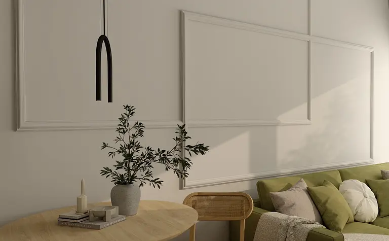 Wnętrze z nowoczesnym i skandynawskim stylem, zielona sofa, drewniany stół, rośliny.