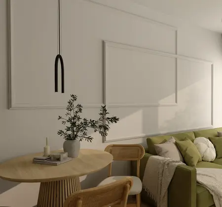 Wnętrze z nowoczesnym i skandynawskim stylem, zielona sofa, drewniany stół, rośliny.