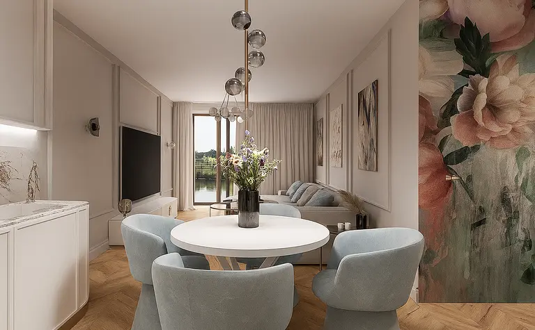 Wnętrze salonu z szarymi fotelami i białymi meblami w stylu nowoczesnym i quiet luxury.