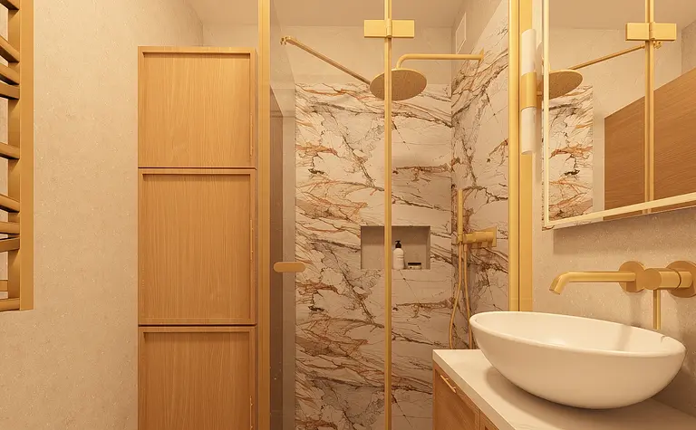 Wnętrze łazienki z drewnianymi elementami i złotymi akcentami.