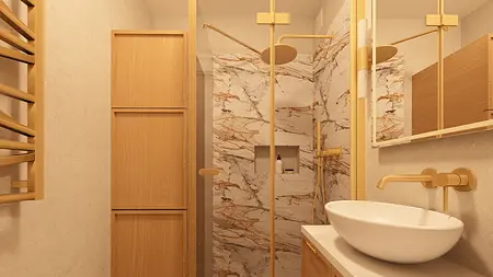 Wnętrze łazienki z drewnianymi elementami i złotymi akcentami.