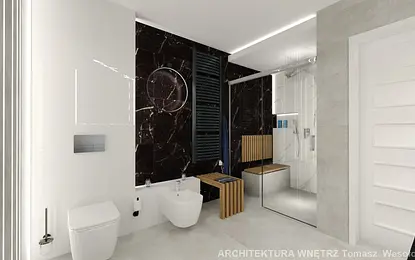 Nowoczesna łazienka z białymi płytkami, czarnymi akcentami i drewnianymi detalami.