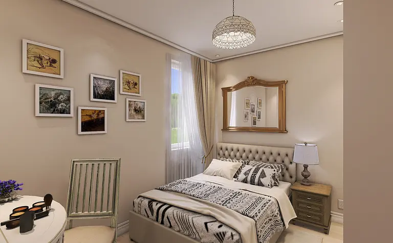 Sypialnia w stylu vintage z beżowymi ścianami i dekoracyjnym łóżkiem.