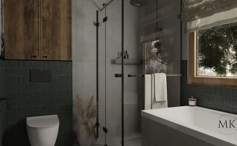 Nowoczesna łazienka w stylu art deco, boho i minimaluxe z drewnem i szarością.