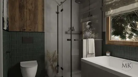 Nowoczesna łazienka w stylu art deco, boho i minimaluxe z drewnem i szarością.
