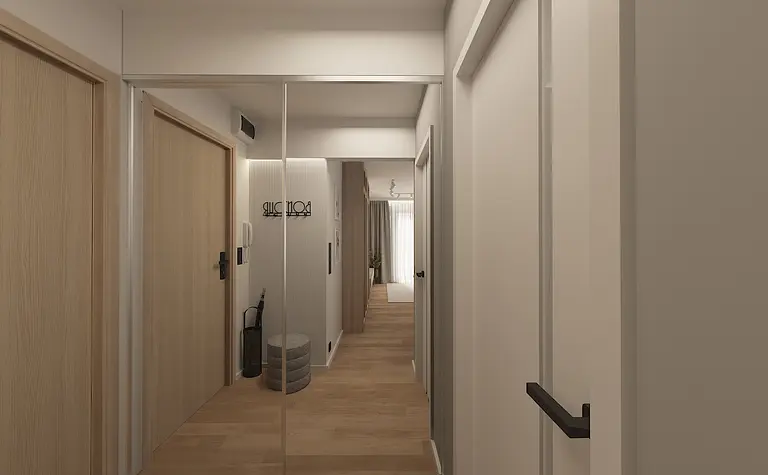 Nowoczesny przedpokój w stylu skandynawskim z lustrami i drewnianą podłogą.