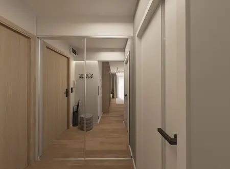 Nowoczesny przedpokój w stylu skandynawskim z lustrami i drewnianą podłogą.