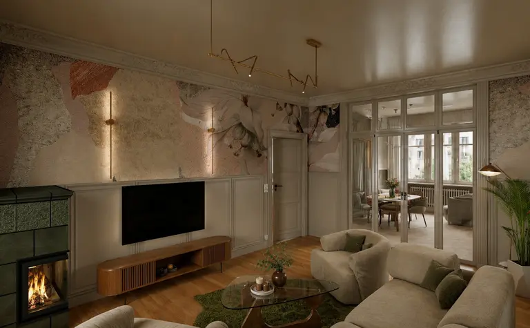 Wnętrze salonu w stylu art deco z akcentami vintage i minimalistycznymi meblami.