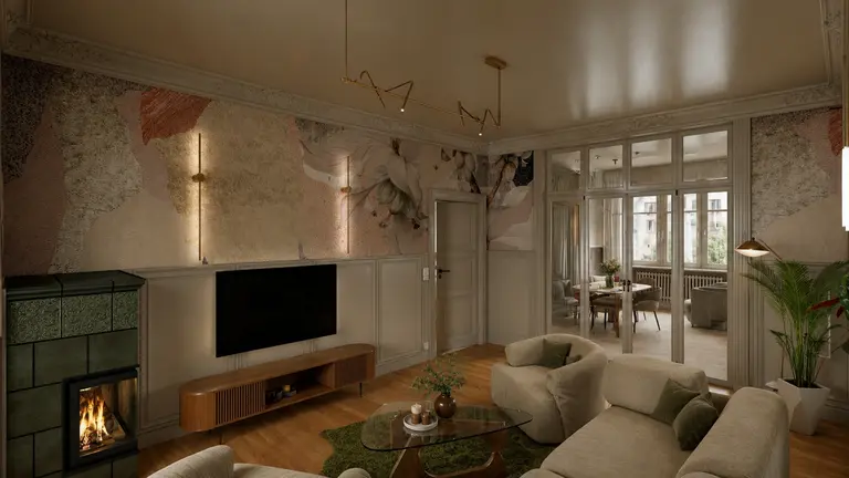 Wnętrze salonu w stylu art deco z akcentami vintage i minimalistycznymi meblami.