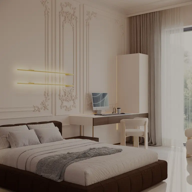 Wnętrze sypialni z minimaluxe i quiet luxury, jasna kolorystyka, nowoczesne meble.