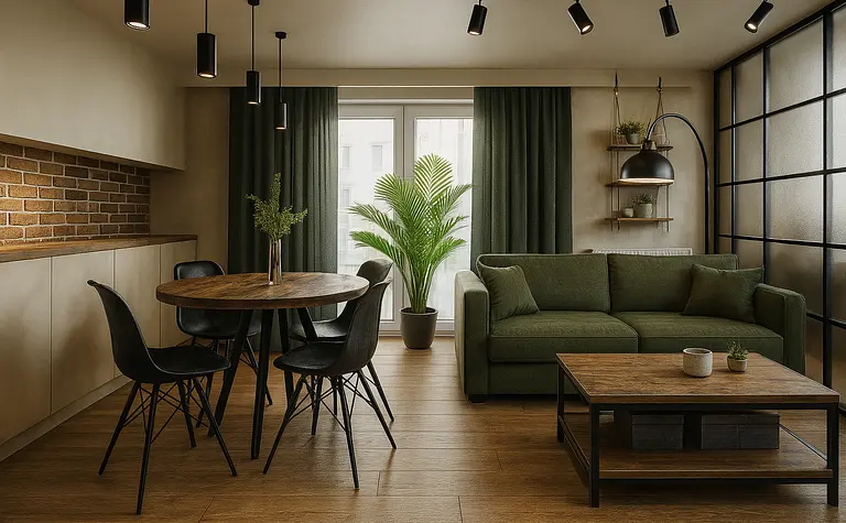 Wnętrze salonu z zieloną sofą, drewnianym stołem i roślinnością. Styl industrialny.