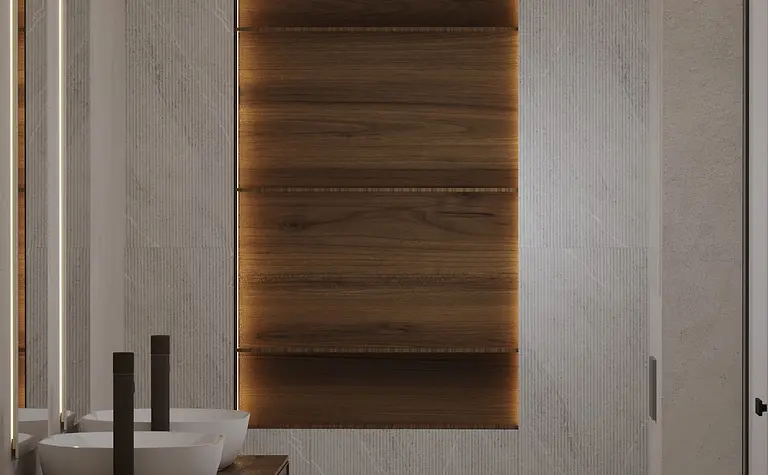 Wnętrze łazienki w stylu japandi i minimalistycznym z drewnem i białymi akcentami