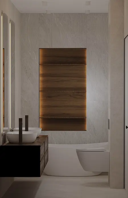 Wnętrze łazienki w stylu japandi i minimalistycznym z drewnem i białymi akcentami