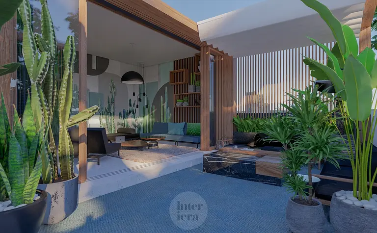 Eklektyczny taras z roślinami i nowoczesnym umeblowaniem w stylu dopamine decor.