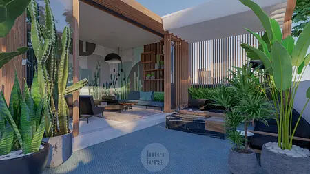 Eklektyczny taras z roślinami i nowoczesnym umeblowaniem w stylu dopamine decor.