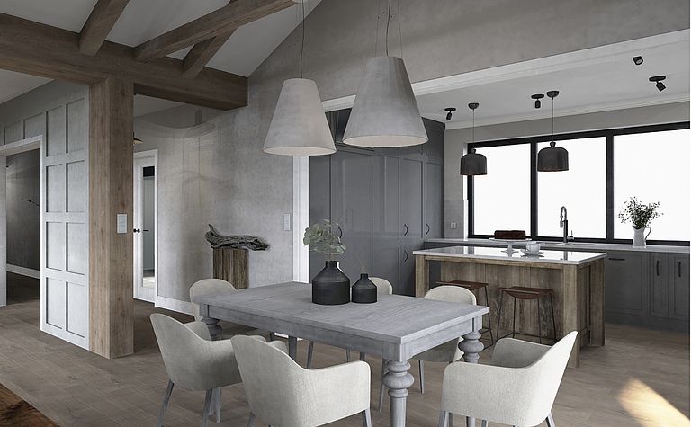 Wnętrze kuchni w stylu boho, eklektycznym i rustykalnym z szarymi meblami i drewnianym blatem.