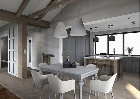 Wnętrze kuchni w stylu boho, eklektycznym i rustykalnym z szarymi meblami i drewnianym blatem.