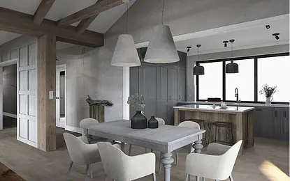 Wnętrze kuchni w stylu boho, eklektycznym i rustykalnym z szarymi meblami i drewnianym blatem.