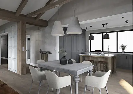 Wnętrze kuchni w stylu boho, eklektycznym i rustykalnym z szarymi meblami i drewnianym blatem.