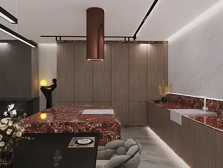 Wnętrze kuchni z drewnianymi meblami i marmurowym blatem w stylu glamour, nowoczesnym i quiet luxury.