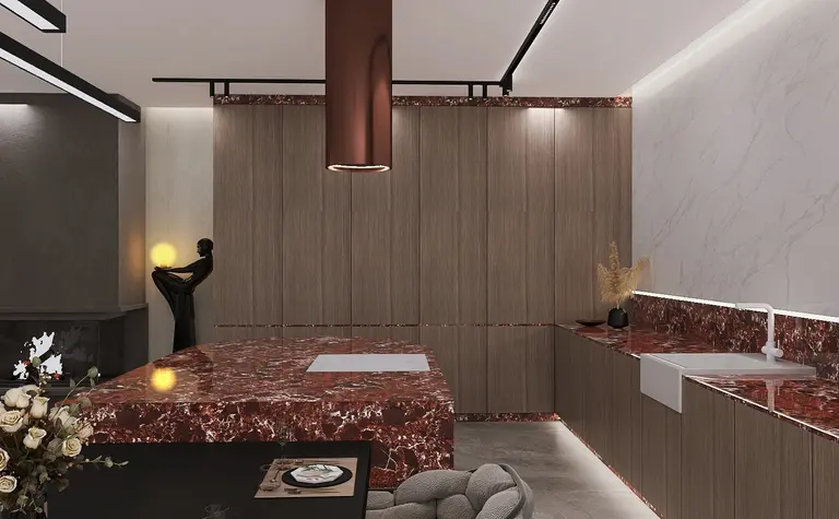 Wnętrze kuchni z drewnianymi meblami i marmurowym blatem w stylu glamour, nowoczesnym i quiet luxury.