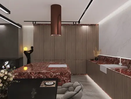 Wnętrze kuchni z drewnianymi meblami i marmurowym blatem w stylu glamour, nowoczesnym i quiet luxury.
