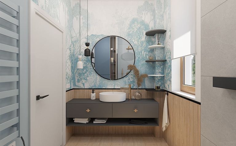 Wnętrze łazienki z nowoczesnym umywalką i niebieską tapetą w stylu art deco i soft minimalizm.