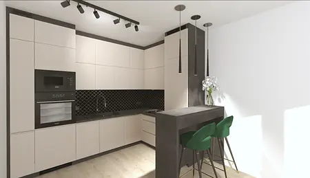 Wnętrze kuchni z beżowymi meblami, czarnym blatem i zielonymi krzesłami.