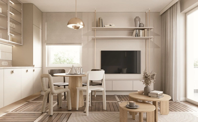 Wnętrze kuchni w stylu glamour, japandi i soft minimalizm z drewnianymi elementami.