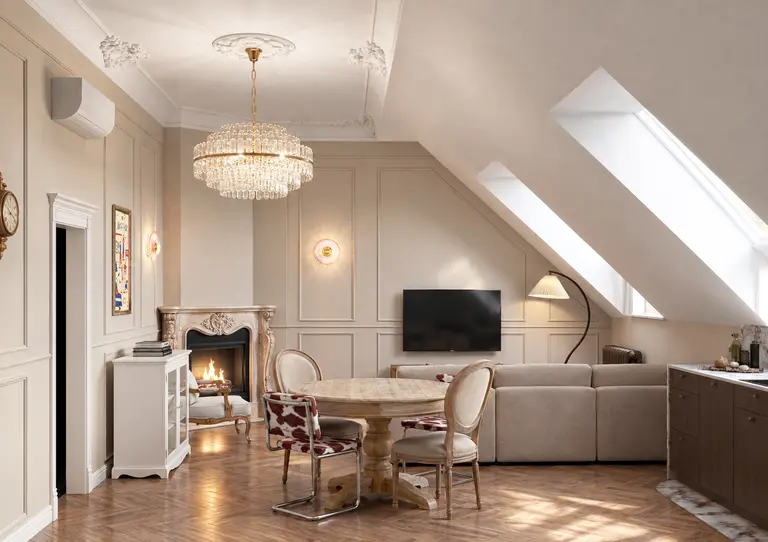 Salon z jadalnią na poddaszu: glamour, minimaluxe, nowoczesny, quiet luxury, tradycyjny, vintage