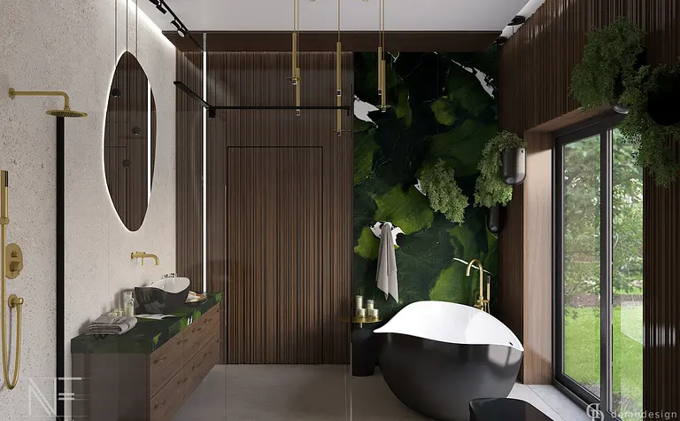 Nowoczesna łazienka w stylu quiet luxury z drewnem i zielonymi dekoracjami.