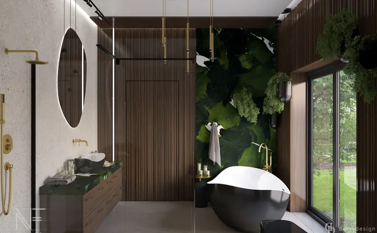 Nowoczesna łazienka w stylu quiet luxury z drewnem i zielonymi dekoracjami.