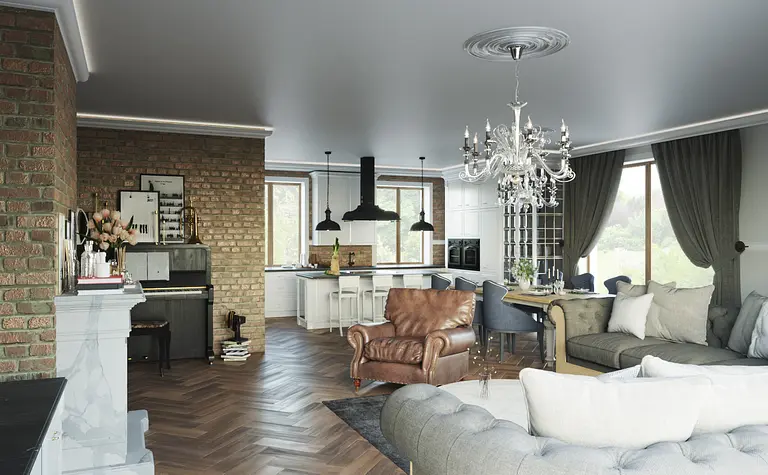 Wnętrze salonu z tradycyjnymi i vintage akcentami, brązowa sofa, białe meble
