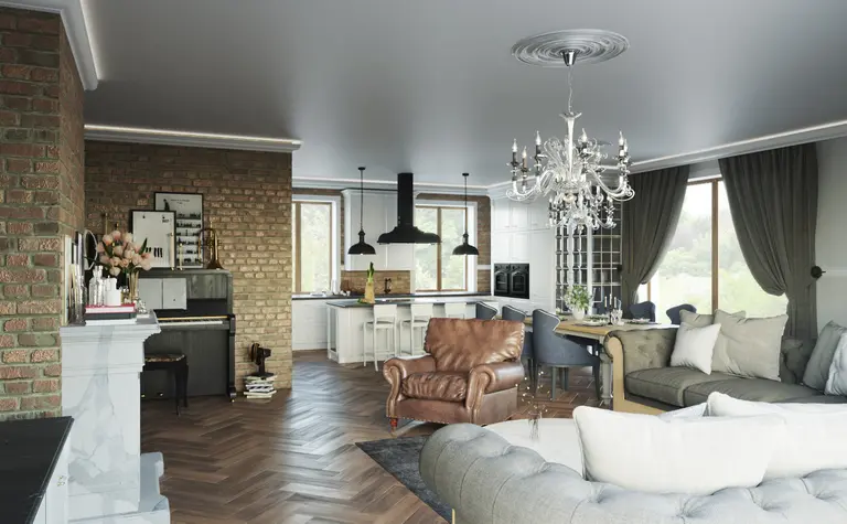 Wnętrze salonu z tradycyjnymi i vintage akcentami, brązowa sofa, białe meble