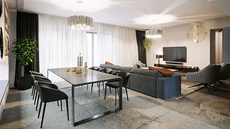 Wnętrze salonu z nowoczesnymi meblami w stylu glamour i quiet luxury.